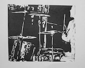 Drums black and white linocut print