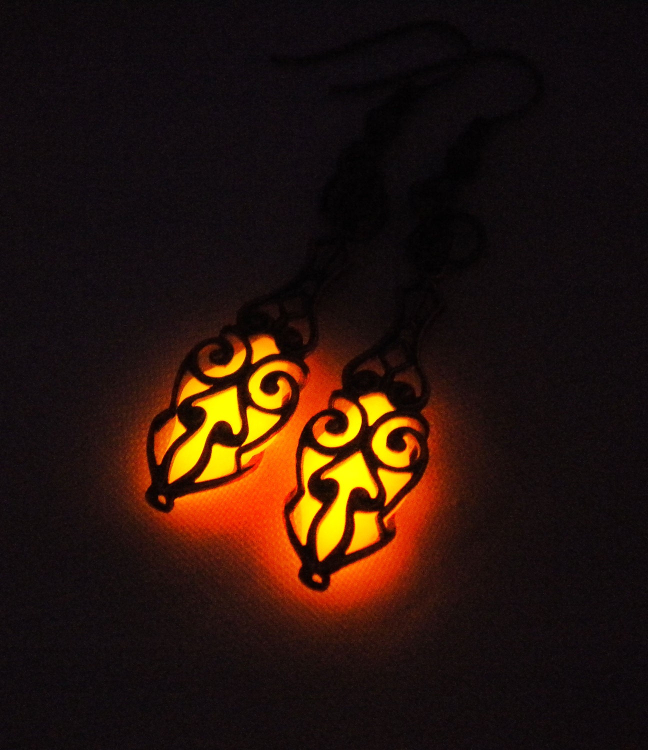 Glow in the Dark - Jewel of Atlantis - Glow in the Dark Earrings - Orange Glow - Antique Copper - Filigree Earrings - Heart Jewelry