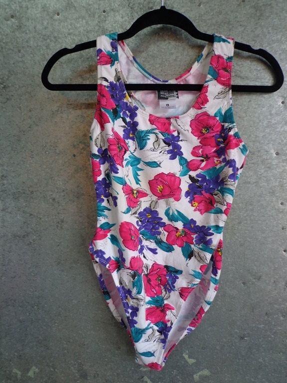 1980s Floral Leotard, Size Large, Instant Replay, Bodysuit, 34 Inch Bust