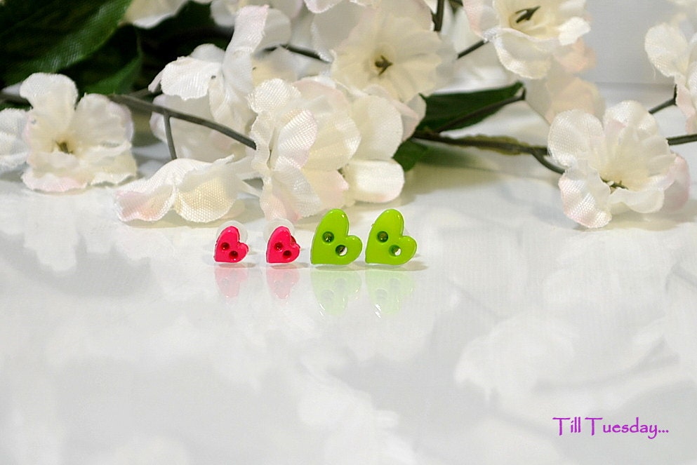 Two Pair of Earrings, Green Hearts and Pink Hearts, Small Post Earring, Summer Jewelry