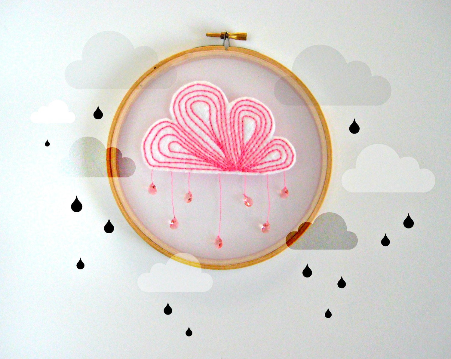 PINK CLOUD LIGHTCATCHER - Embroidery hoop art.  A rain cloud needlecrafted onto organza for a pretty shadow effect