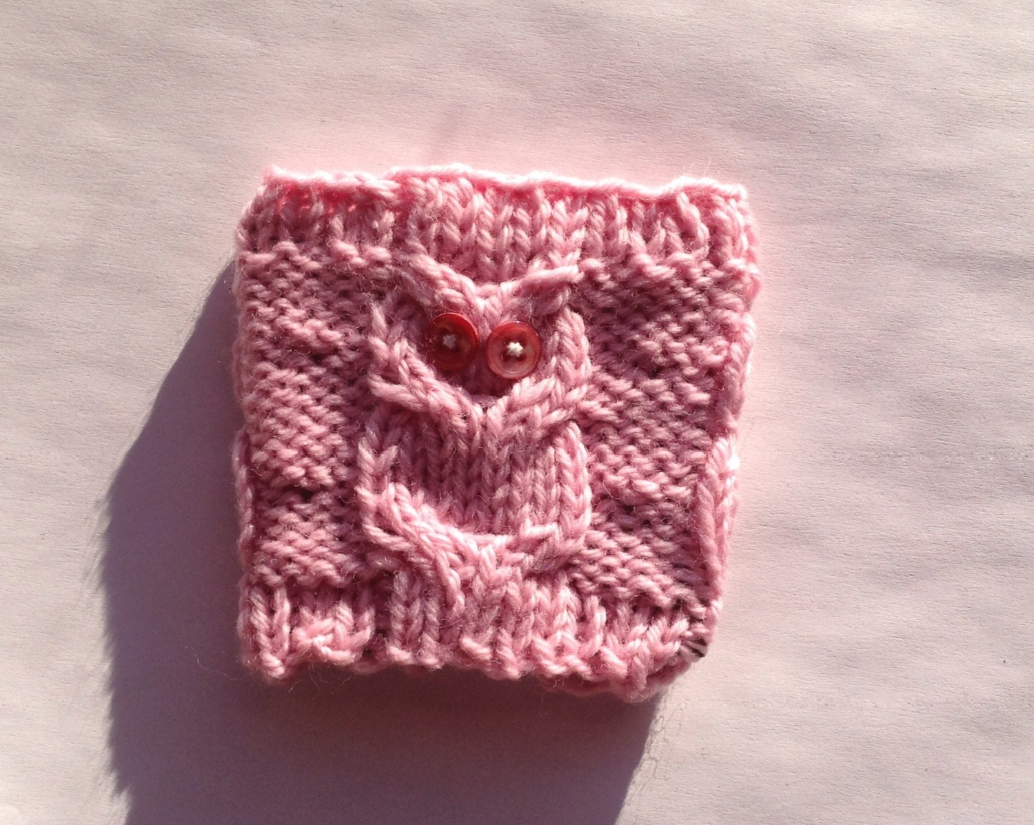 Pink Owl Cup Cozy, Reuseable, Hand Knit Sleeve for Hot Beverage, Tea, or Coffee