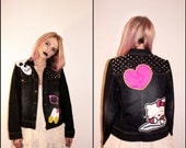 SALE - Cutesy Patched Studded Denim Jacket / Hello Kitty Jean Jacket / Skull / Pink Heart / Cliche / One of a Kind / Ironic