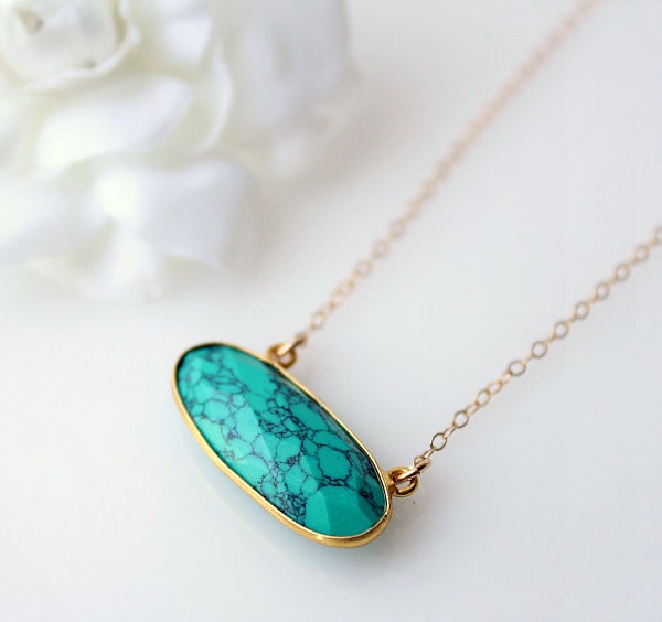 Turquoise Magnesite Pendant Necklace, Oval Blue Green Stone Gemstone Necklace, 14k Gold Filled Chain, Southwest Jewelry