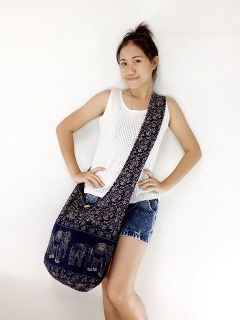 Handmade Cotton  Elephant Printed  Hippie  Hobo bag Boho bag Shoulder bag Sling bag Messenger bag Crossbody Purse - Navy blue