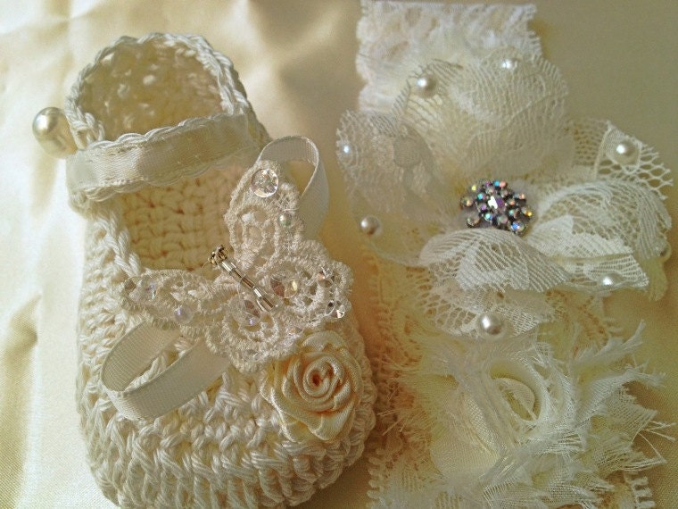 Christening Crochet Booties and Lace Headband