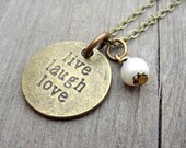 LIVE Laugh Love Bronze  White Freshwater Pearl Crystal Bead Necklace Pendant Wire Wrap Handmade Jewelry