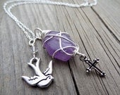 Silver Purple Amethyst Dove Bird Cross Crystal Wire Wrapped Bead Pendant Necklace Handmade Birds Animal Christian Religious Peace Heart Lov