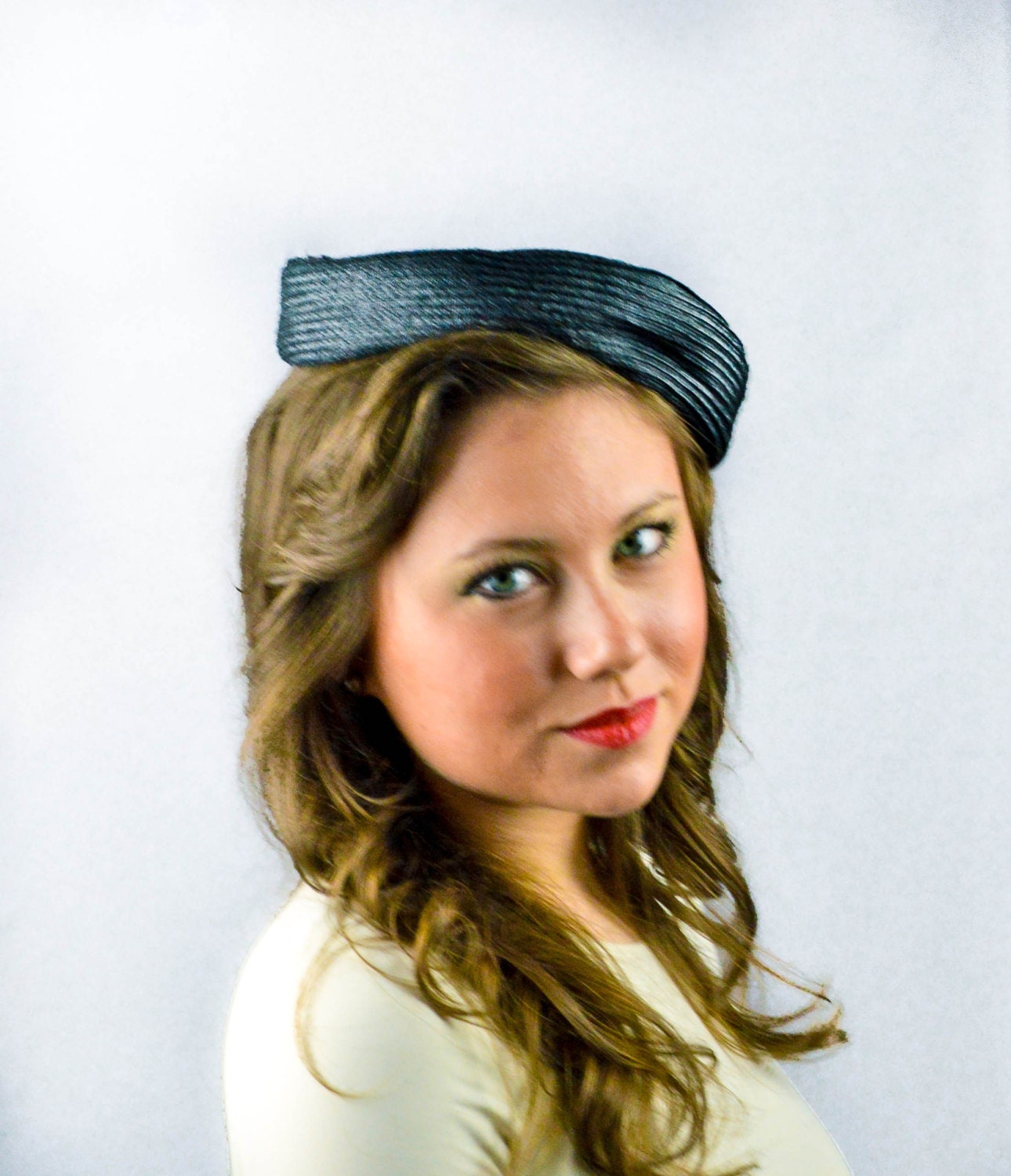 Vintage 1960s  Hat - Black Straw Hat, Beret , Sailor Hat, Stewardess Hat