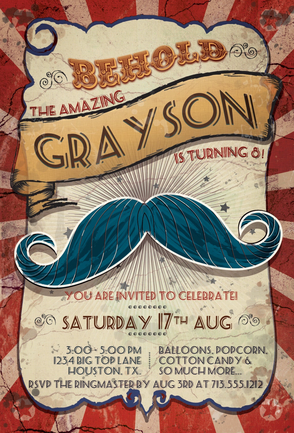 Circus Invitation Invite Boy Men Birthday Mustache Custom Personalized