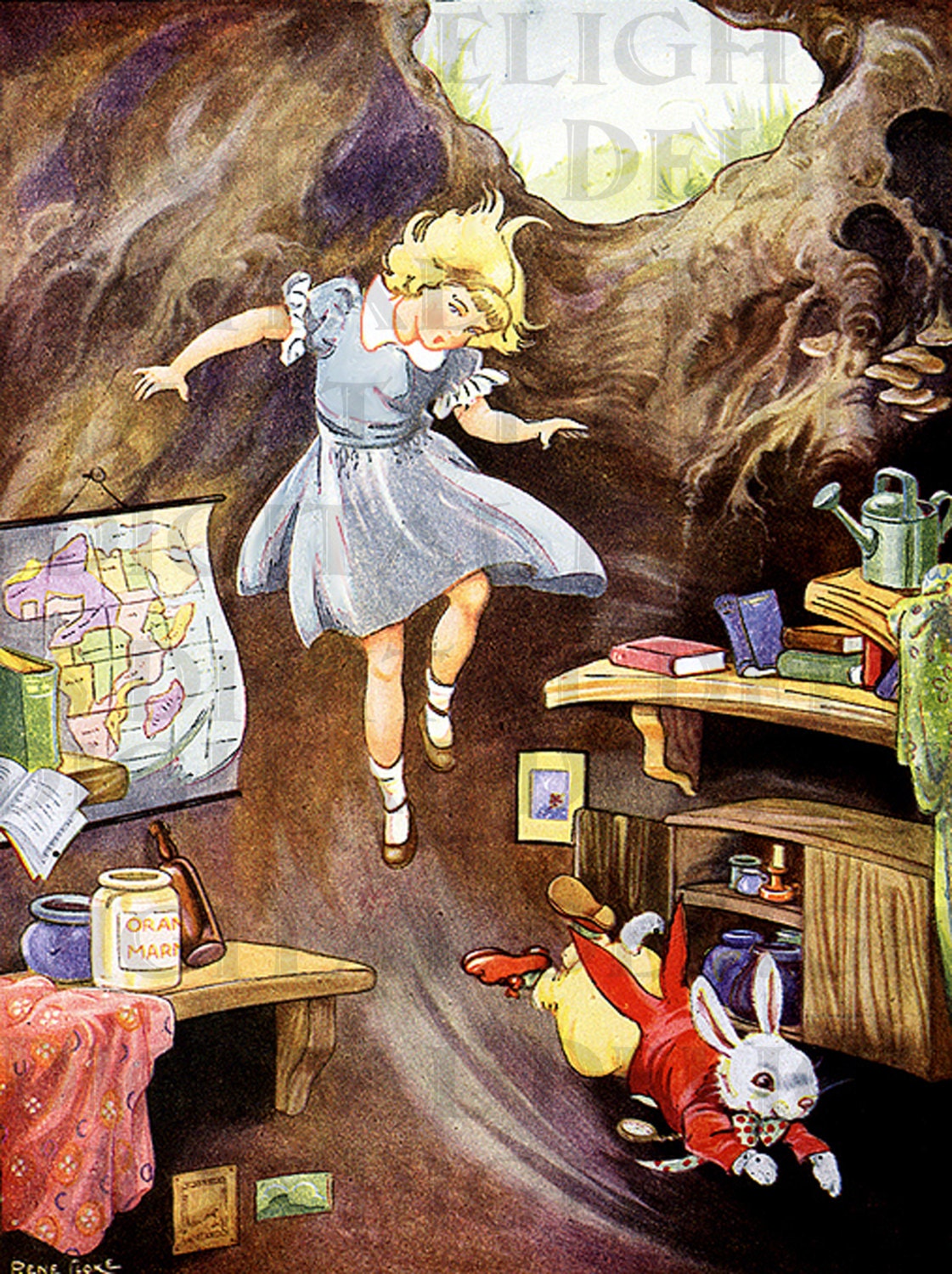 FaLLinG DoWn The RAbbit HoLE.  ALICE  in Wonderland DIGITAL Download. Vintage Illustration. Vintage Print. From First Edition.