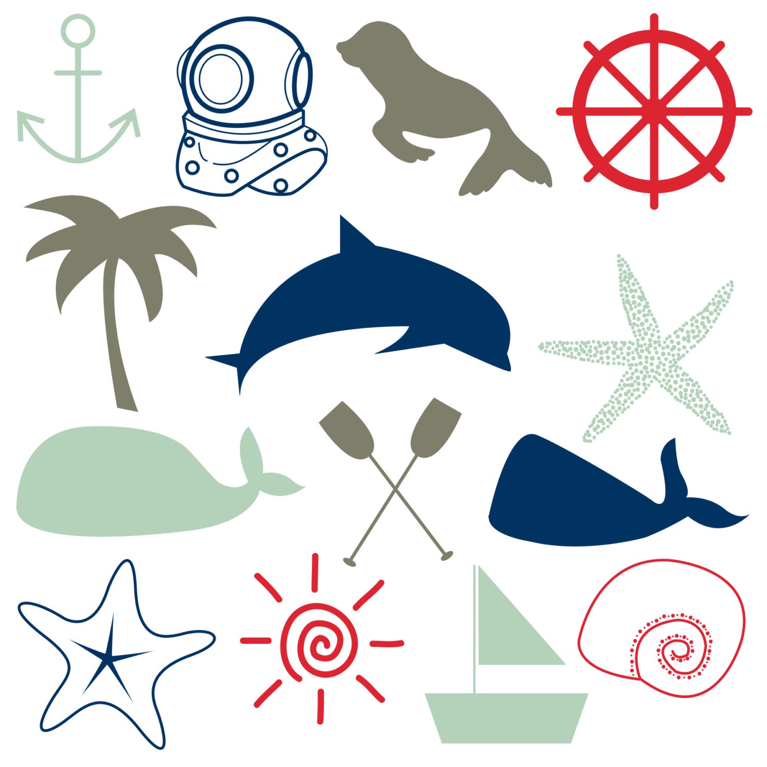 INSTANT DOWNLOAD // Digital Clip Art // Nautical Clip Art // Shell, Starfish, Ocean Animals, Boat // Commercial and Personal Use Il_570xn