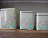 Vintage Nesting Tin Boxes. Set of 3 Metal Canisters. Tulips Spring Easter Home Decor.