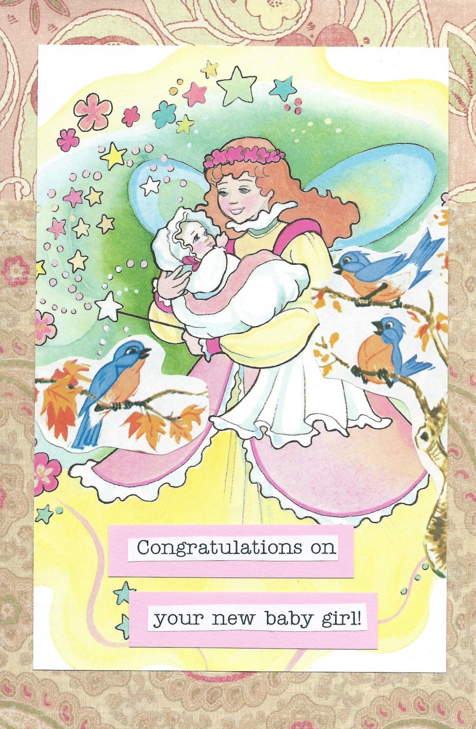 Blank greeting card, Baby girl congratulations, princess, birds,  flowers, stars, gown, pink, designer paper, blank card takeapicture