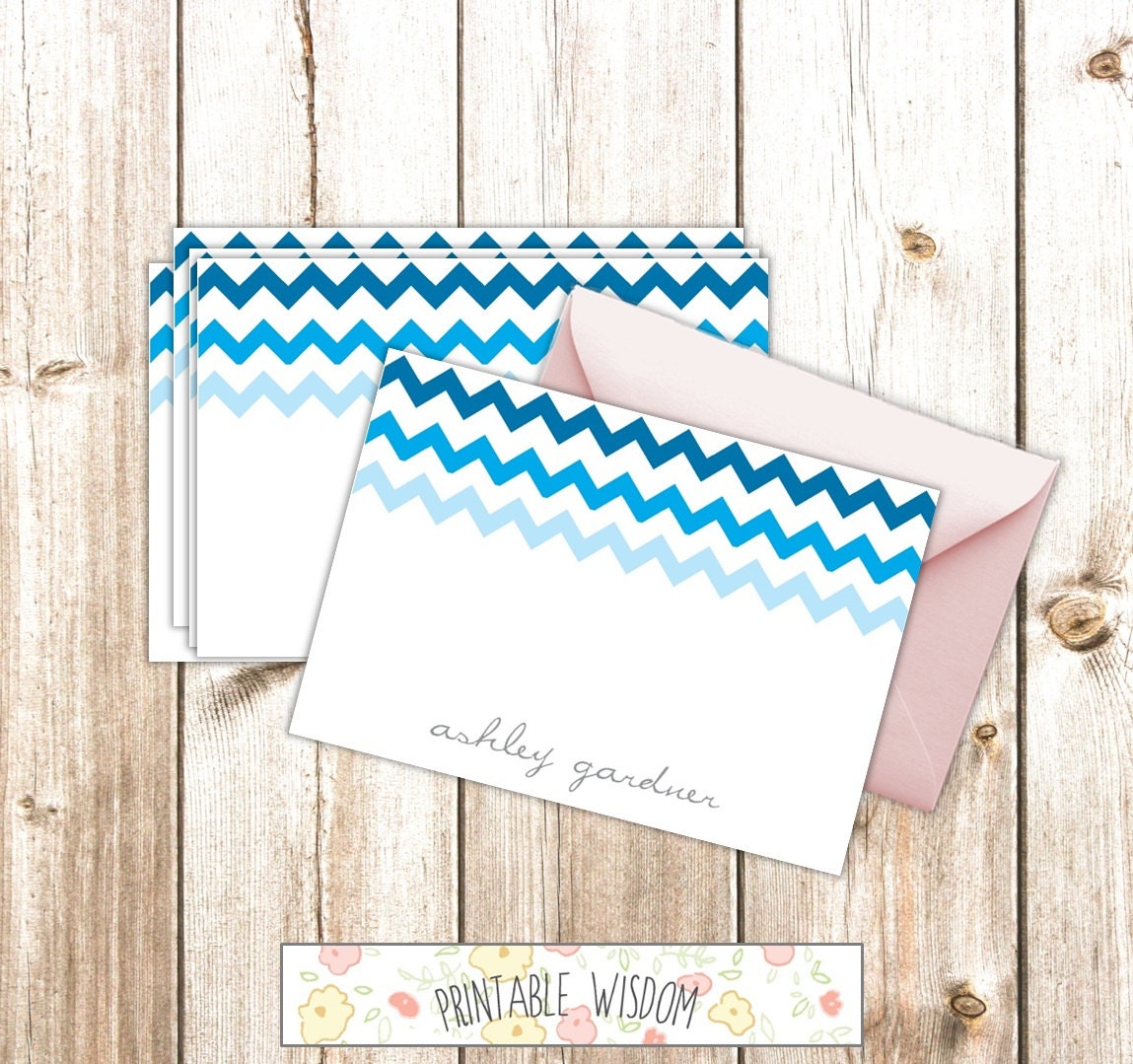 Printable Stationery note cards, personalized stationery custom, chevron ombre monogram name, blank card - DIY digital PDF