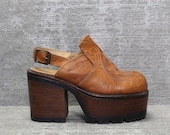 Vtg 70s Tan Leather Boho Platform Chunky Sandals Clogs 35 36 6