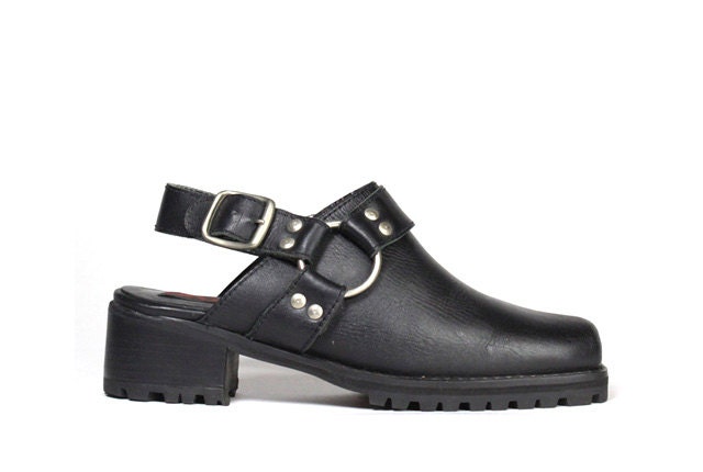 Vintage 90s Black Leather Biker Harness Clogs Shoes 7 1/2 7.5