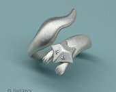 The Running Fox Ring in Sterling Silver with Diamonds, Fox silver ring with Diamonds, Adjustable fox ring, Fine jewelry gift for Her
