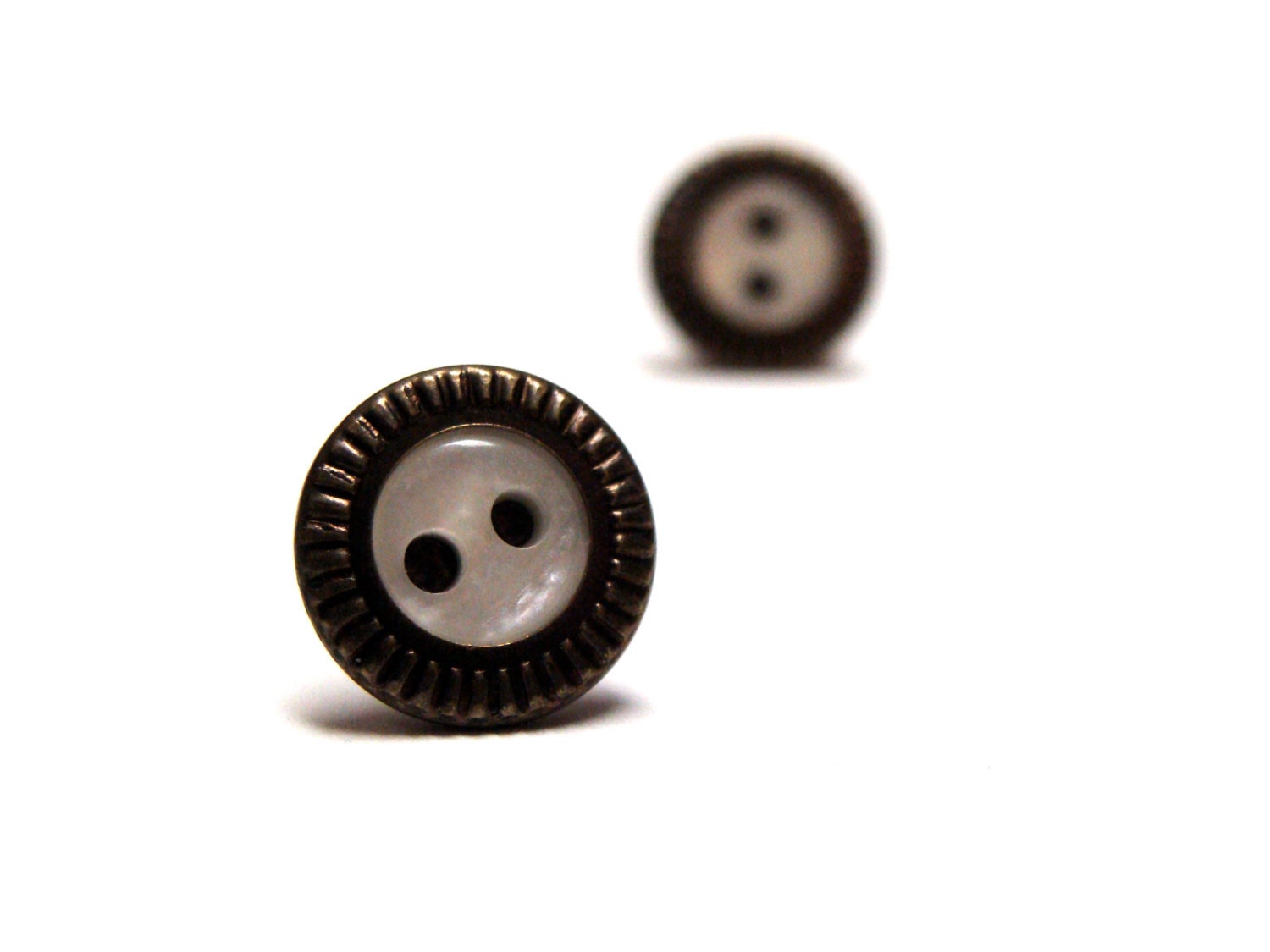 White Studs, Metal Edge Earrings, Button Posts, Cloudy White Stud Earrings, Rustic Jewelry, Ucycled Eco Friendly Studs - "Meringue"