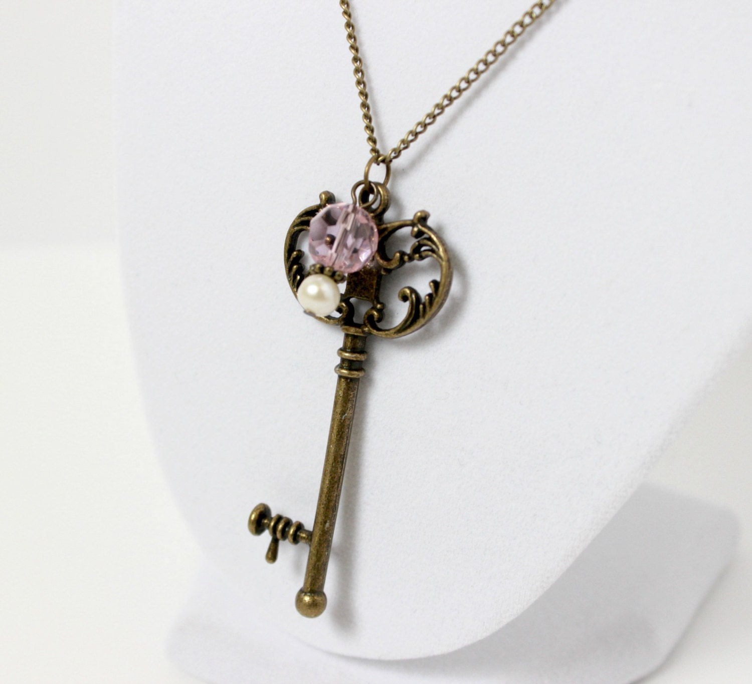 Large Antiqued Gold Key Beaded Chain Pendant - Freshwater Pearl Handmade Jewelry - Victorian Inspired Jewelry - Ready to Ship