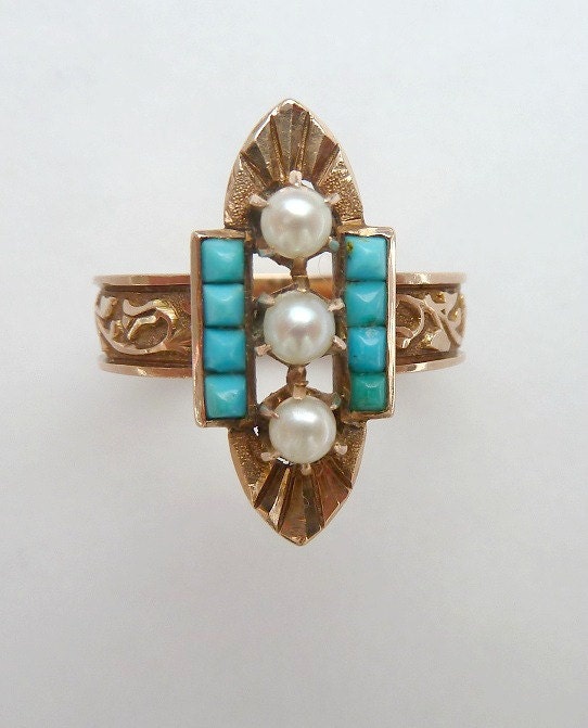 Striking Antique Victorian Turquoise and Pearl Engraved Navette Ring 14K