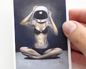 ACEO  print - "Meditation" - digital painting of a tattooed girl with space helmet - CG photoshop art