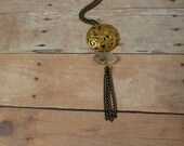 Vintage Golden Garden Necklace - Long Gold Tassel Necklace with Quartz