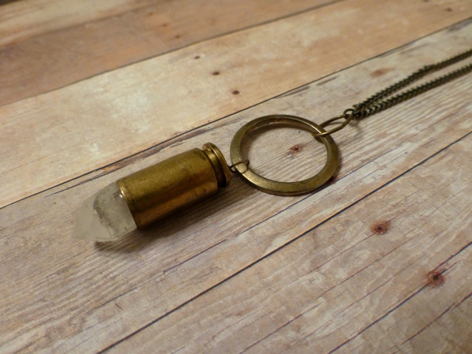 Quartz Crystal & Vintage Bullet Shell Necklace - Long Gold Necklace