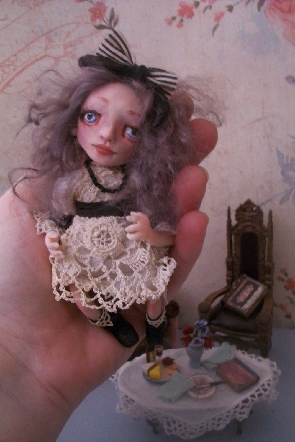 Victorian Miniature Art Doll, 5 inches poseable OOAK handsculpted, Abigail