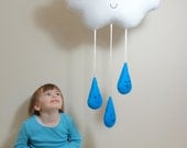 PERSONALISED MOBILE - Embroidered With Name on Reverse - Cloud & Raindrops Mobile - Choice of Colours