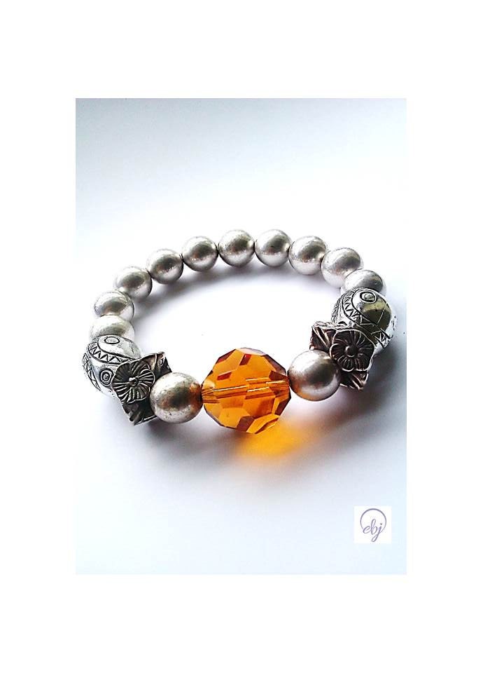 Orange Crystal and Silver Plated Bead Stretch Bracelet - Upcycle Jewellery