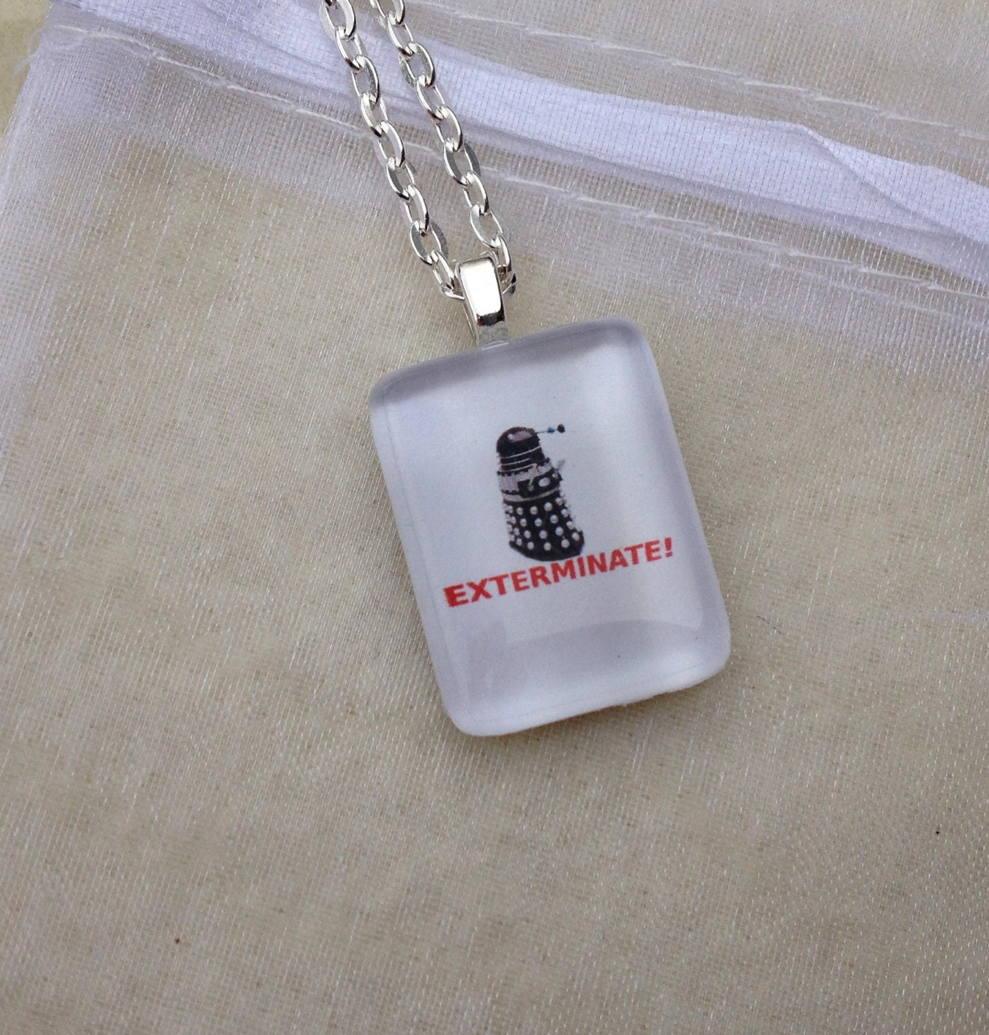Doctor Who, Dalek, EXTERMINATE, Glass Tile necklace. 24" Silver plated Chain. Photo Art