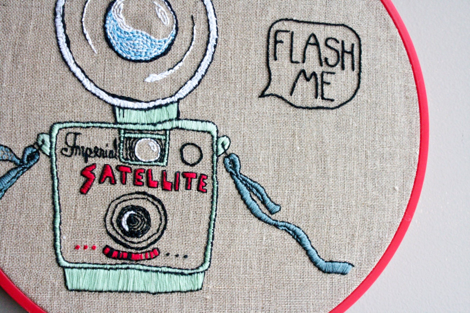Vintage Camera Embroidery // Flash Me // Funny Embroidered Hoop Art // Original Wall Art // Large Quirky Embroidery
