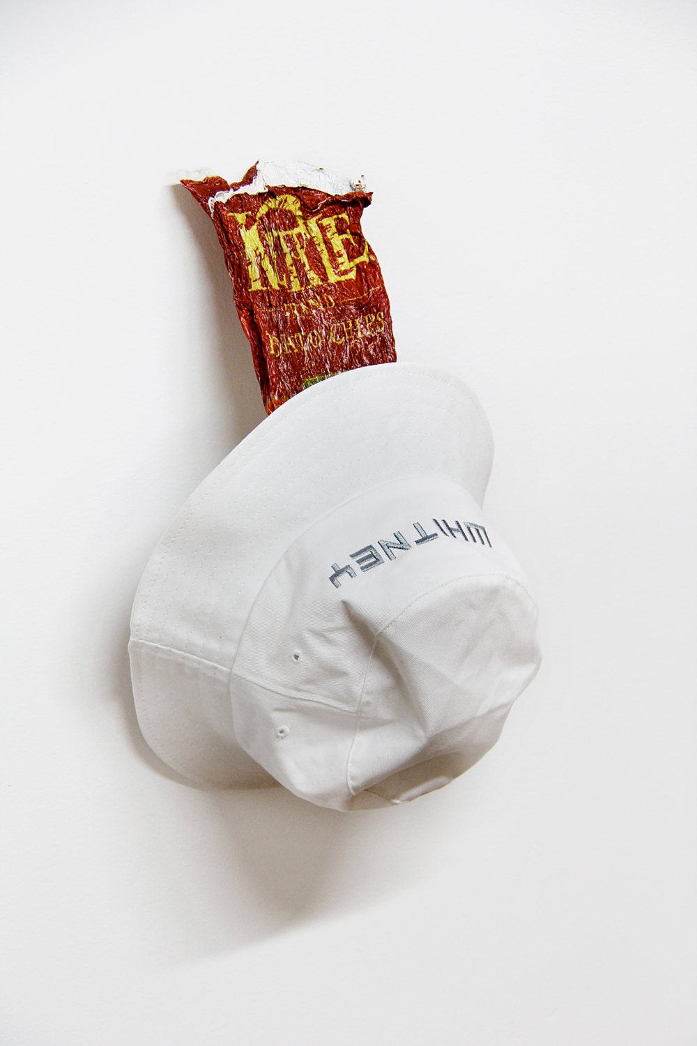 heat brittled KETTLE Chips bag SHELF perfect for cigarettes and small sexy pets Or In This Case a WHITNEY Museum of American Art Bucket Hat
