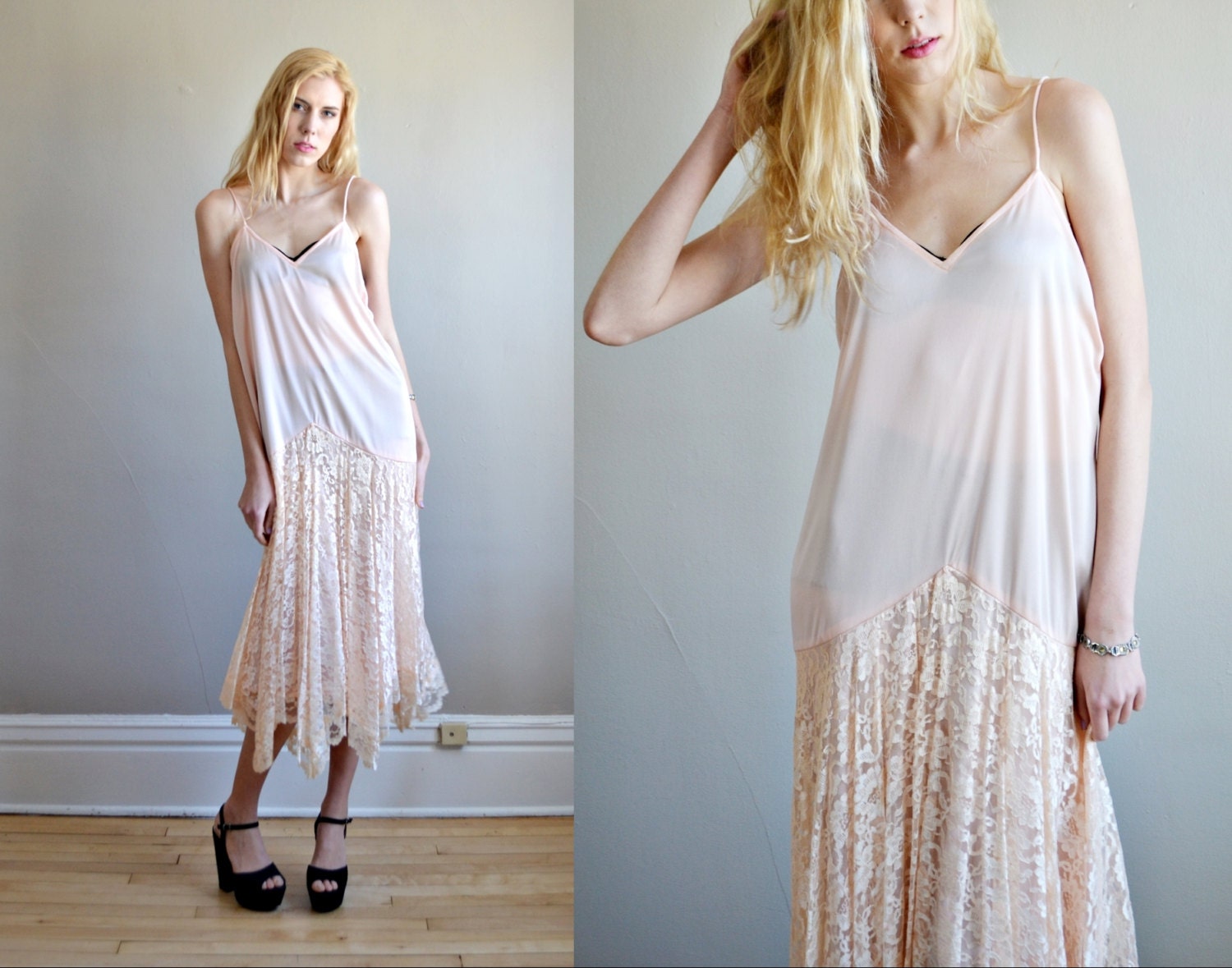 Reserved for Nicole Vtg 70s 20s drop waist LACE flapper dress // pastel pink drop waist STRAPPY hanky hem MIDI lace dress