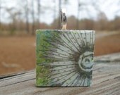 White Flower, Green, Wood Tile Necklace