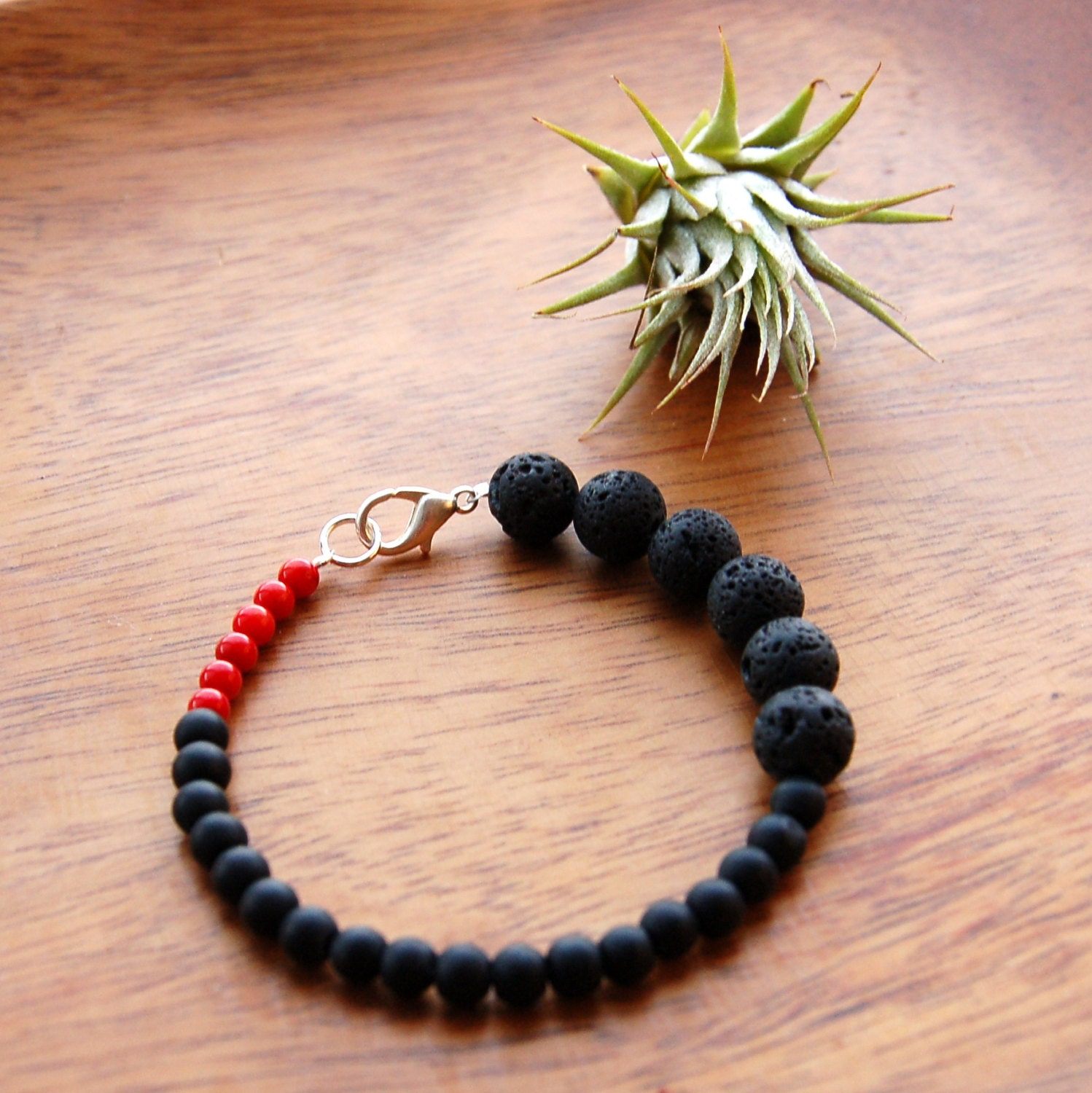 Red Coral and Jet Black Lava Stone with Mat Glass Beads - Silver Clasp Bracelet for Men, Women
