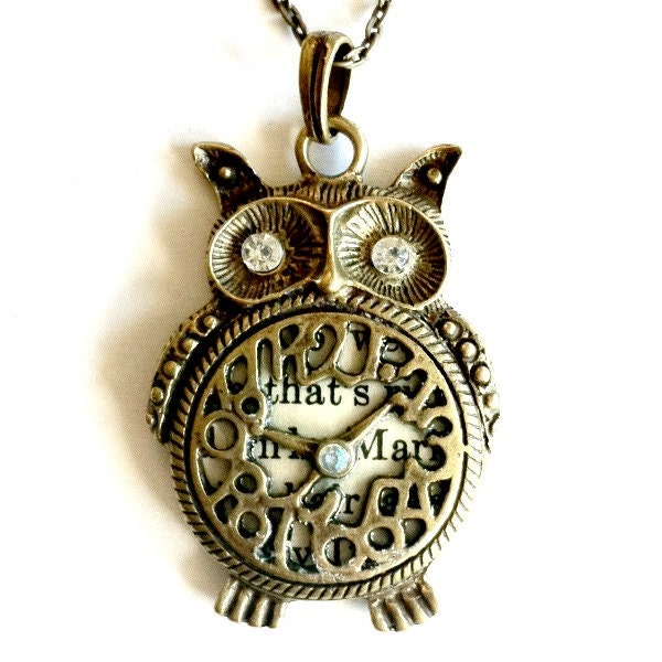 Owl clock text necklace brass owl necklace Handmade Graduation Gift Free US Shipping