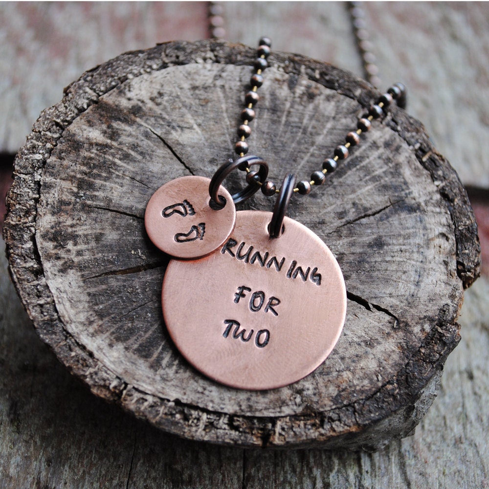 Running for Two Necklace, Pregnant Runners Pendant on Copper Ball Chain Necklace with Baby Feet Charm