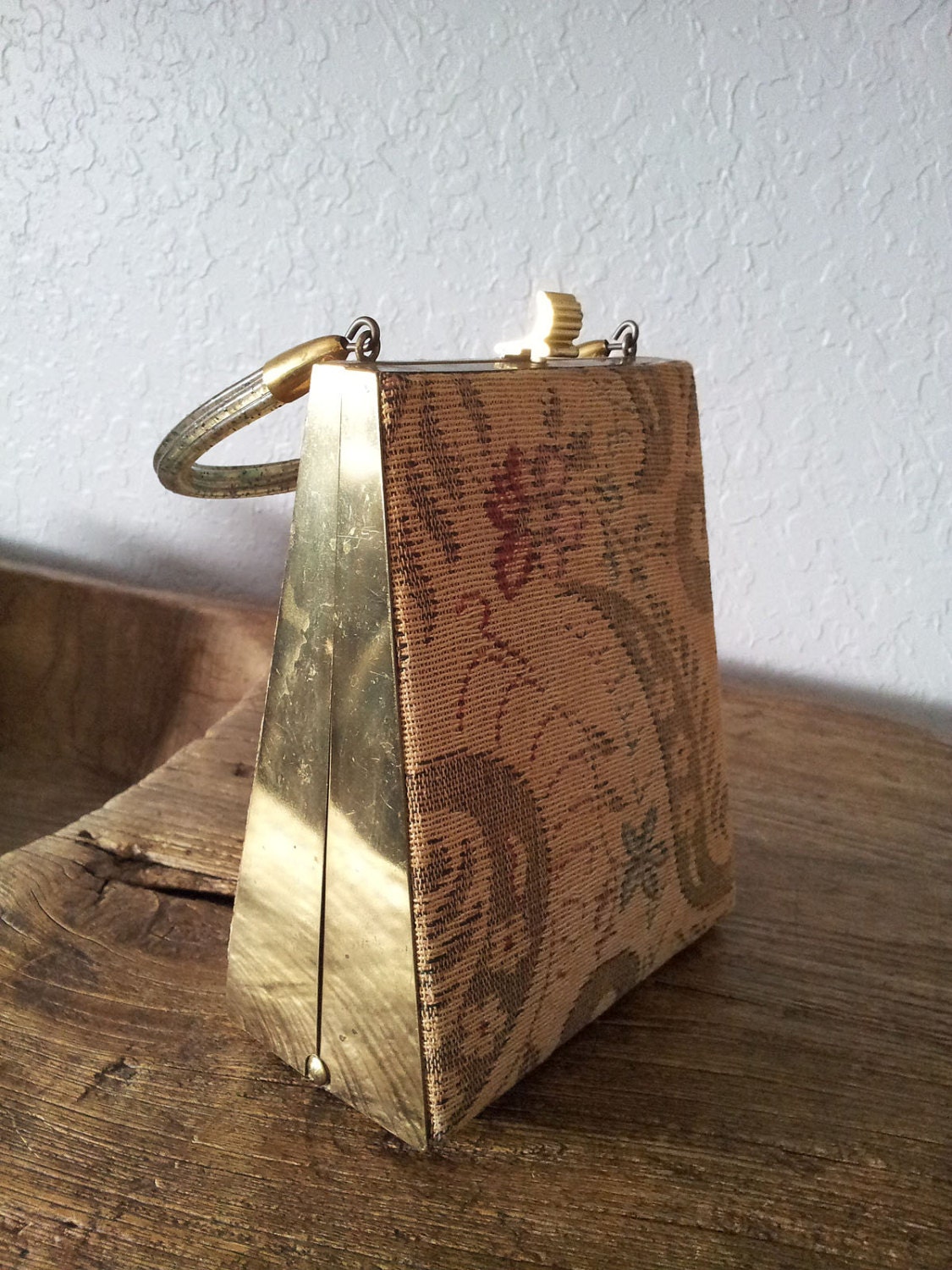Vintage 1950s Tapestry and Brass Triangle Box Handbag Purse