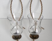 Pair Vintage Twisted Wall Sconces - 2 Antique Gold Candle Holders, Mid Century Mod Glass Wall Hangings