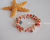 Orange/coral Sea Shell bangle wrap bracelet, Mini White and Brown Cone Shell, Ocean theme, Hawaiian sea shells, sea glass