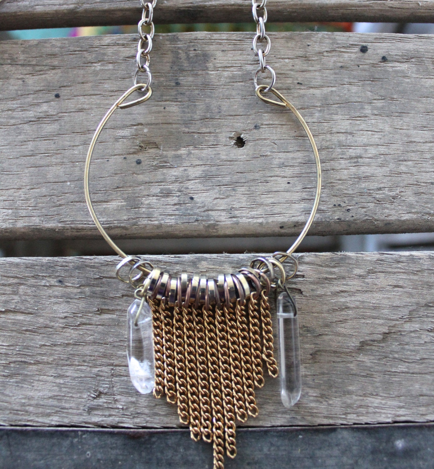 Fringe Crystal Moon Necklace 1- quartz crystal mixed metal vintage chain fringe