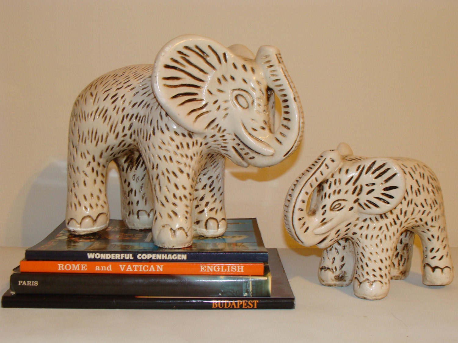 Vintage Pair of Elephants Mexican Pottery Spotted Ceramic Nursery Display or Bohemian Bookends