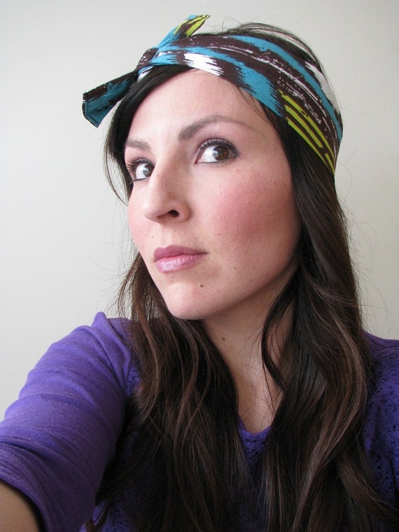 Bandana Style Headband, Headwrap, Headscarf, Blue and Green print, fabric tie headband