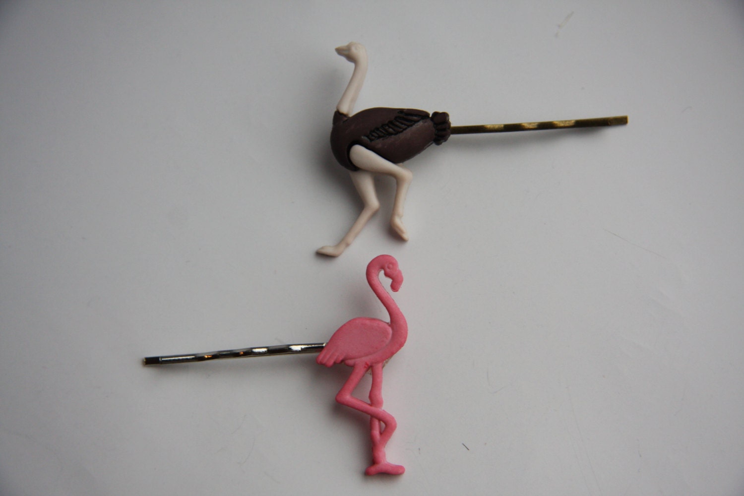 Ostrich and Flamingo Hair Grip/Bobby Pin. -Cute Zoo Animal Accessories.