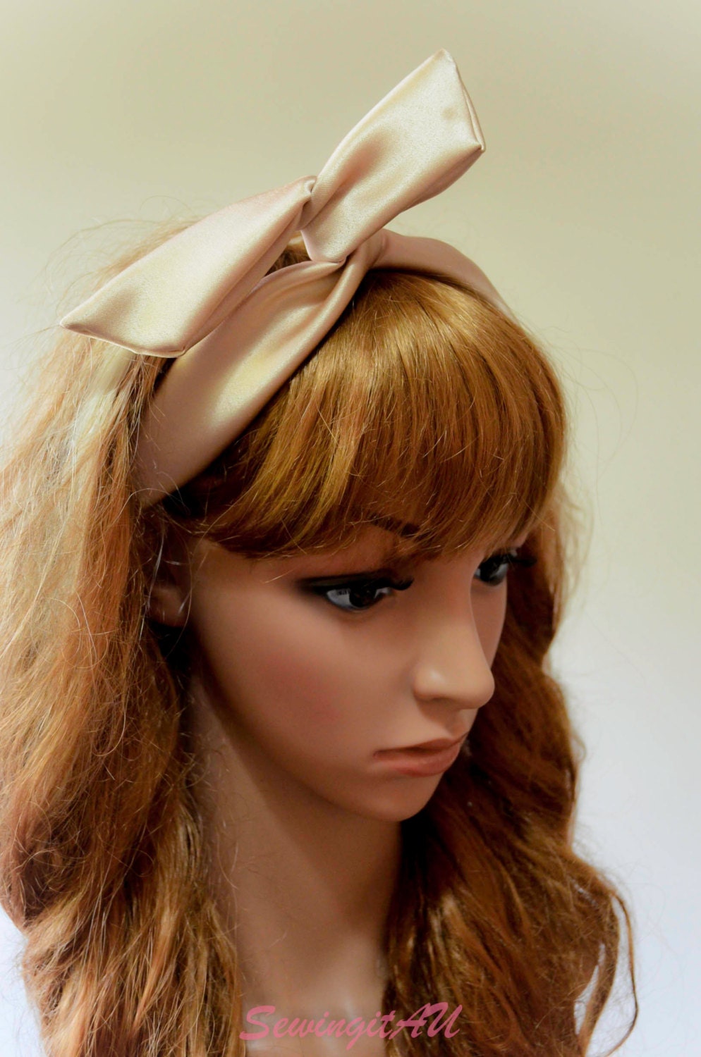 Gold satin fabric wire bunny headband/wedding/party/festival/bandana dolly bow hair tie wrap accessory/barbie/pin up/Alice in wonderland