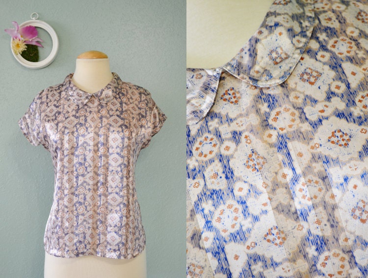 80's Peter Pan Collar Boho Moroccan Blue Orange White Floral Button Down Back Short Sleeve Silk Blouse by Career Concepts Size M