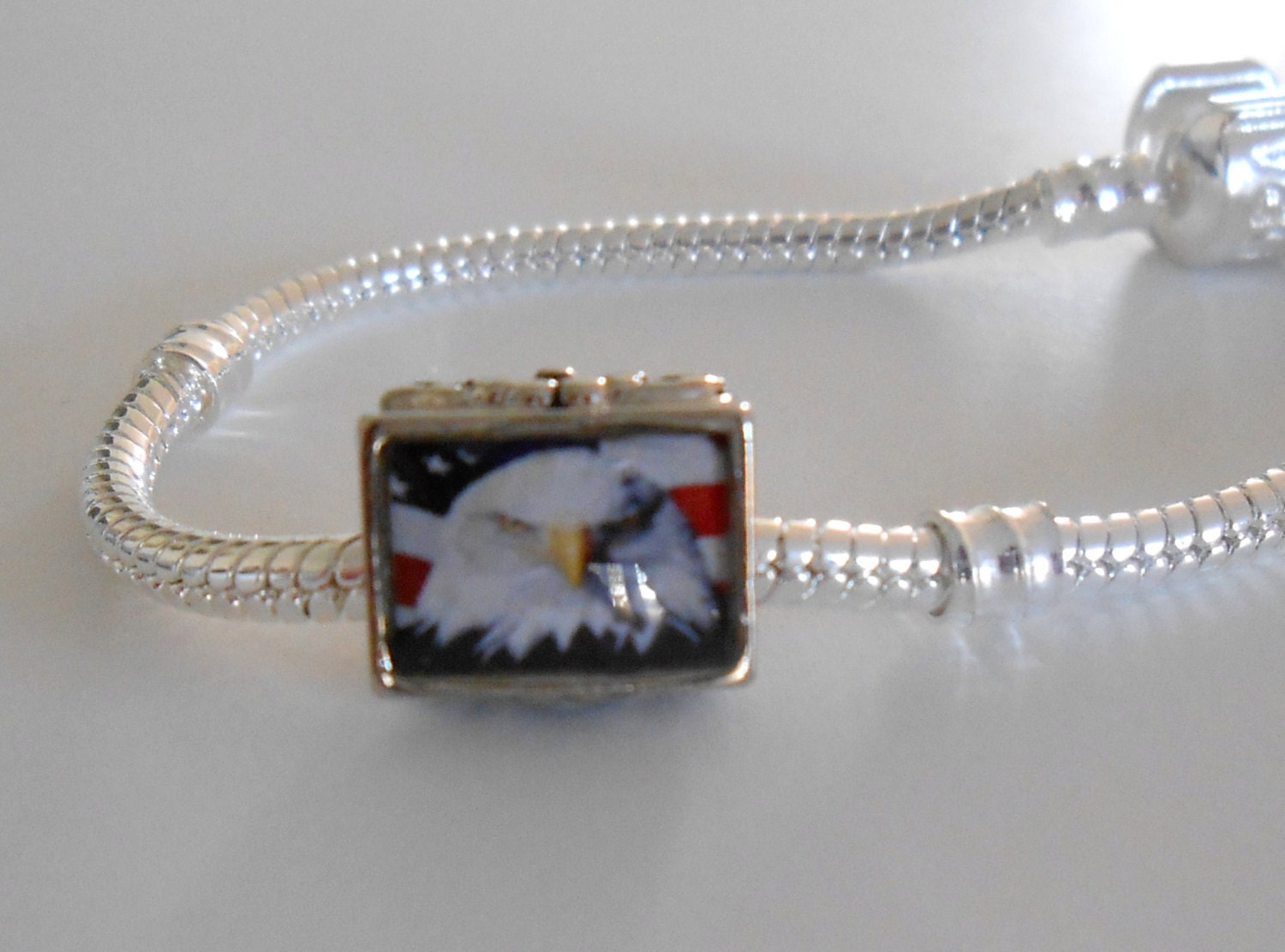 Silver Plated with American Bald Eagle A Very Detailed Charm Bead Large Hole for European Style Bracelet
