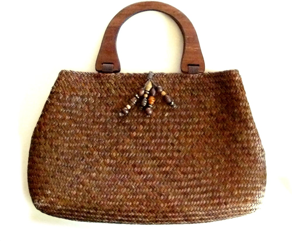 Vintage Woven Straw BOHO Wood Handle Beaded Purse Tote Handbag Women's Floral Lined Bag